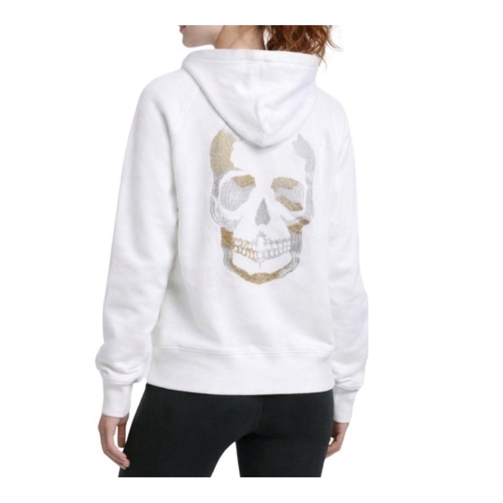 Zadig & Voltaire White Zip Up Hoodie Metallic Gold Embroidered Skull on back SzM